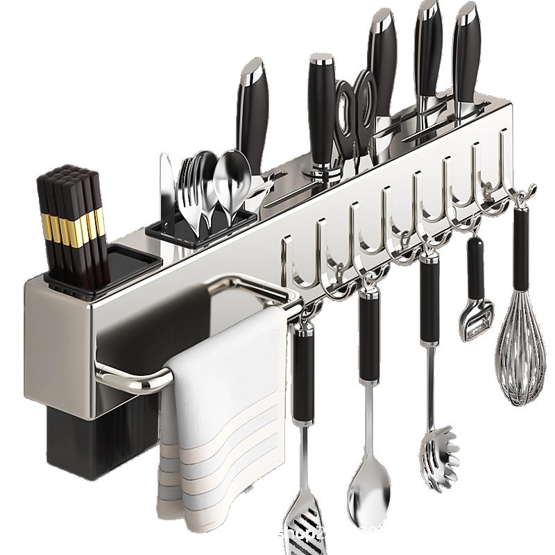 Stainless Steel Kitchen Knife Holder Storage Rack, Wall-Mounted, No-Drill, Multifunctional Chopstick Holder and Integrated Knife Storage Rack for Home Use