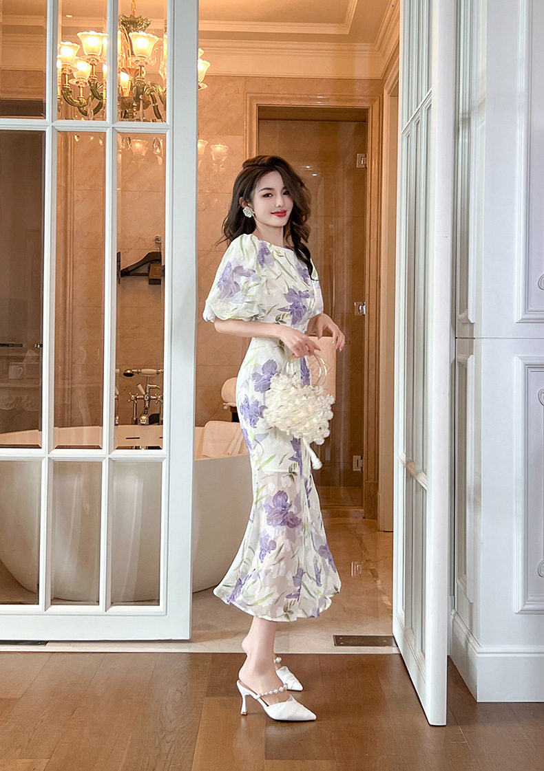 Đầm ôm body nữ cổ tròn tay bồng đuôi cá — [Tím] chi tiết 10