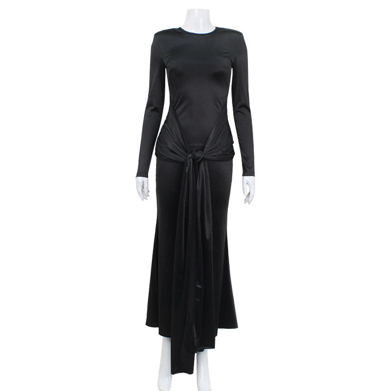Elegant Long Sleeve Waist Tie Maxi Dress Slim Fit Spring Style Chic Design Wholesale Availability