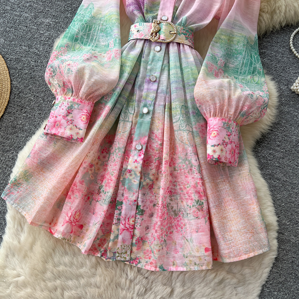 French Romantic Gradient Print Long Sleeve Dress Button Closure Waist Tie Elegant Silhouette Summer Occasion