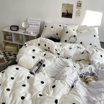 Korean style simple ins milky white polka dot skin-friendly brushed vintage striped bed sheet quilt cover 1.5 m1.8 three or four-piece set
