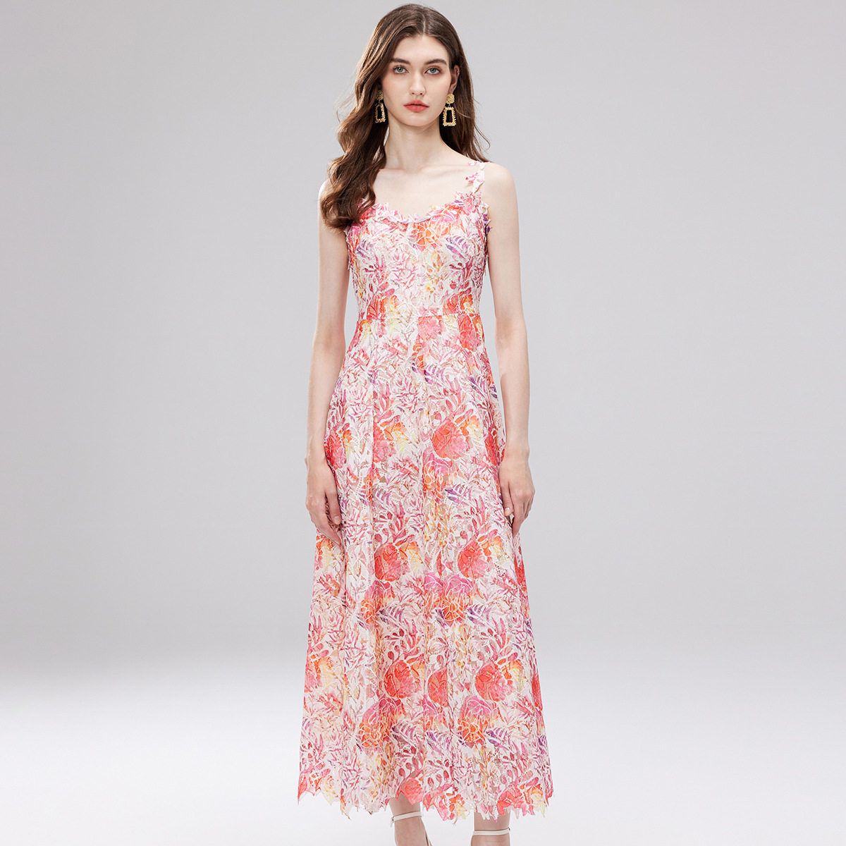 French Inspired Summer Dress Colorful 3D Floral Embroidery Hollow Out Design Lace Fabric Perfect for Casual Outings