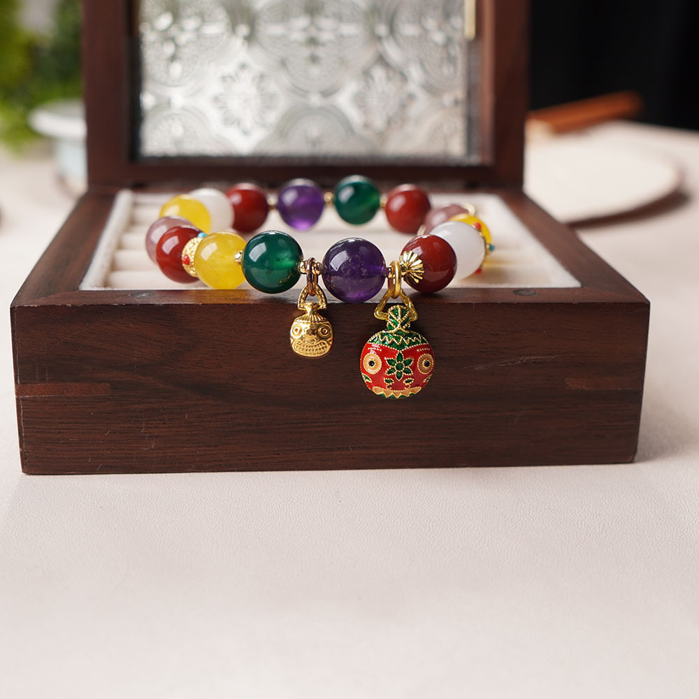 Temple-Style Beaded Multi-Treasure Gold-Swallowing Beast Bracelet with Red Agate and Smoky Quartz Handmade Beads for Attracting Wealth, Wholesale