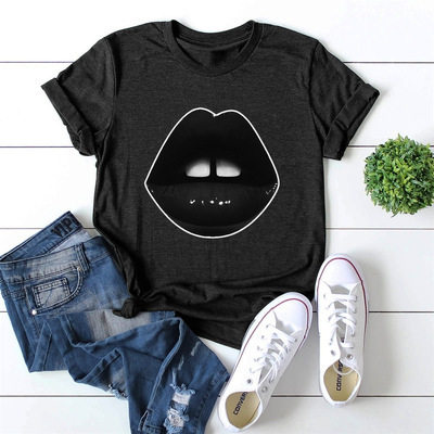 Plus Size Womens Black Short Sleeve T Shirt Lips Print Round Neck Fitted Style Casual Wear Wholesale Available