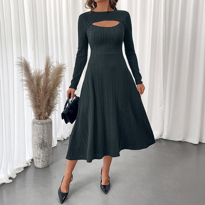 Elegant Hollow Out Round Neck Bodycon Dress Solid Color Slim Fit Suitable for Office Wear Wholesale Available