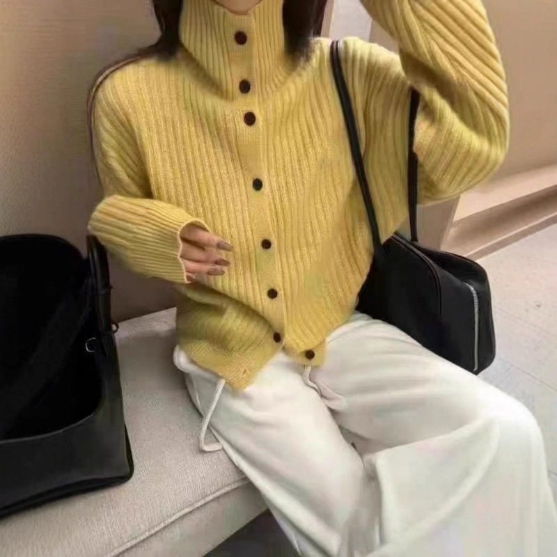 秋冬高领毛衣开衫外套女慵懒风宽松复古单排扣韩版针织衫外套上衣