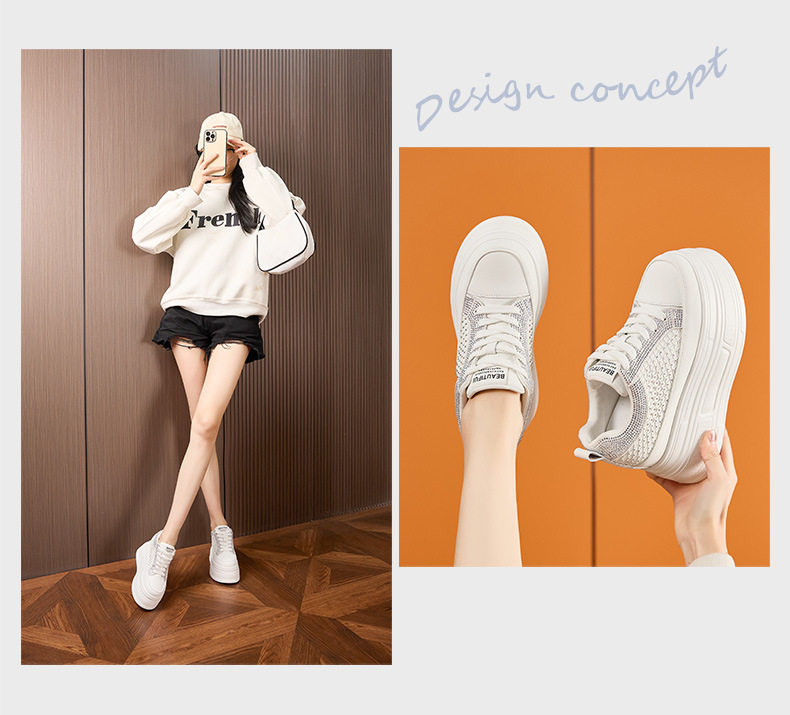 Giày sneaker nữ đế dày rhinestone trắng – phong cách chunky đế cao 8 cm — Trắng, Đen chi tiết 5