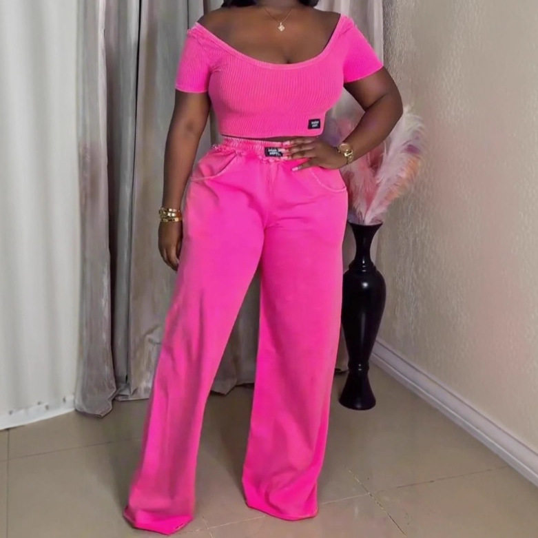 Summer Womens Casual Set Solid Color Round Neck Short Sleeve Top with Long Pants Perfect for Everyday Wear
