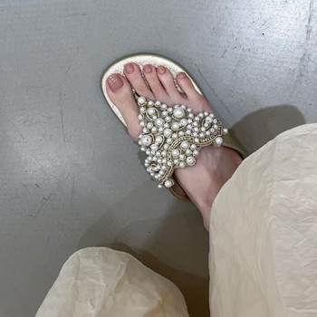 Long-Lasting and Not Tiring to Wear, Women's Summer New Bohemian Style Sandals, Pearl Flip-Flops, Beach Shoes for Women