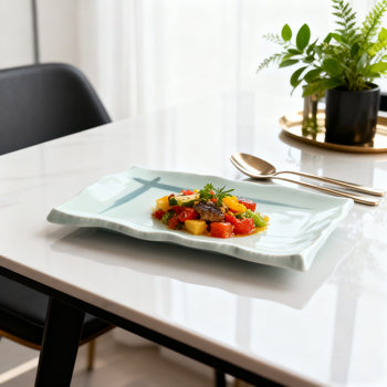 Ceramic 12inch Household Rectangular Textured Japanese and Korean Style Glazed Hotel Ceramic Plate Dish Ceramic Flat Plate Tableware