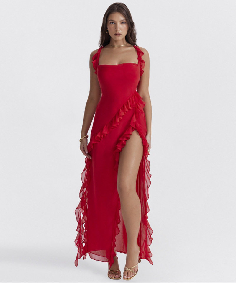 Womens Elegant Split Hem Dress Ruffle Trim Fashionable Sexy Autumn Collection Wholesale Available