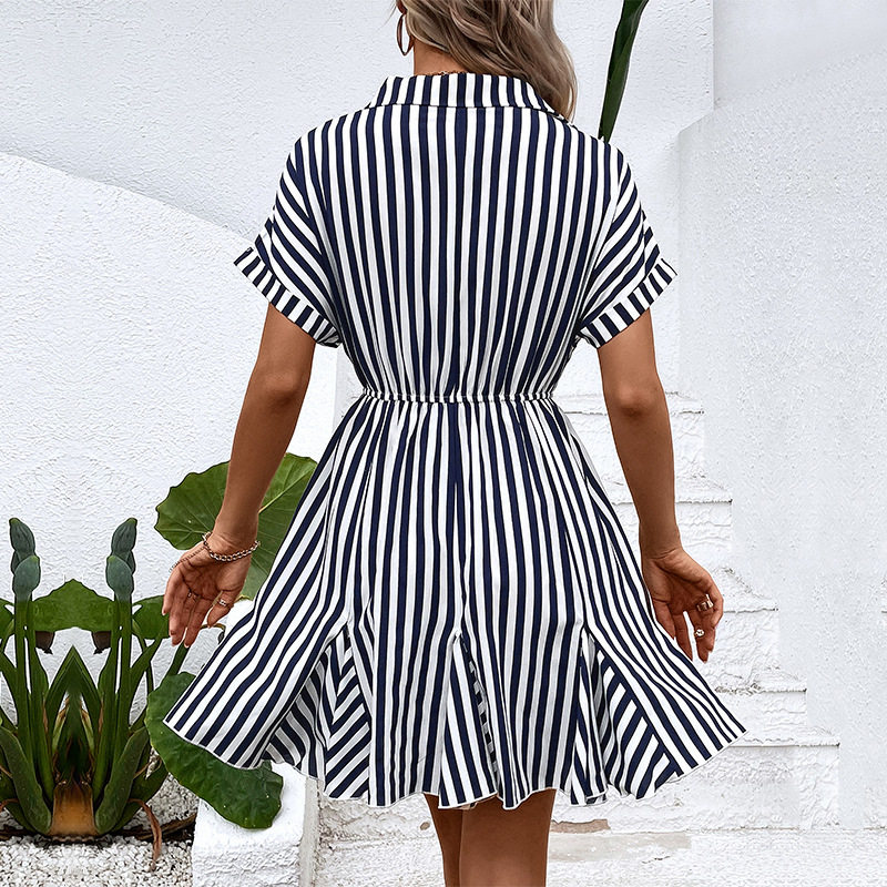 Ruffled Hem Striped Dress Waist Adjustable Shirt Collar Versatile Design Perfect for Casual Outings Wholesale