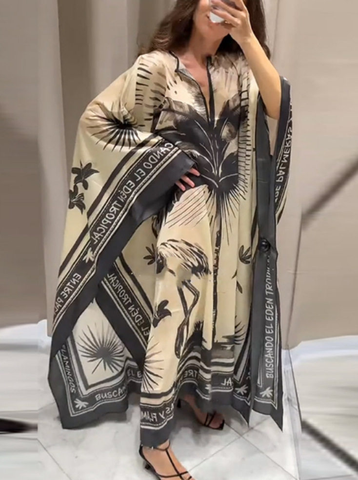 跨境欧美2025新款秋季复古印花V领宽松大码度假风连衣裙女NQ6019