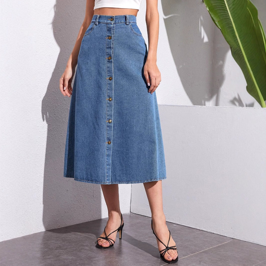 High Waisted Denim Midi Skirt Button Detail Trendy Design Casual Style Wholesale Availability