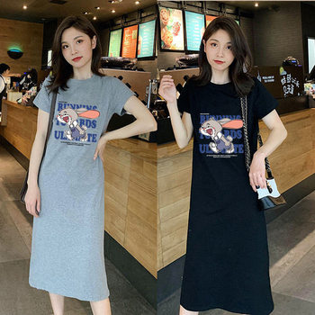 Nightgown Women's Summer Thin Short-sleeved Pajamas Mid-length Pregnant Women's Loose plus size chubby girl Home Clothes Summer Cute Pajamas