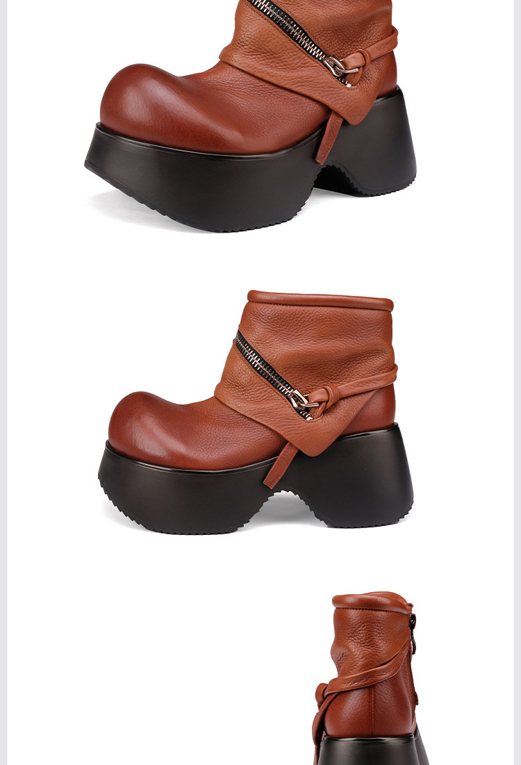 Boot nữ cổ ngắn da bò thật đế dày tăng chiều cao, thiết kế tối giản cá tính — màu đen, Màu nâu