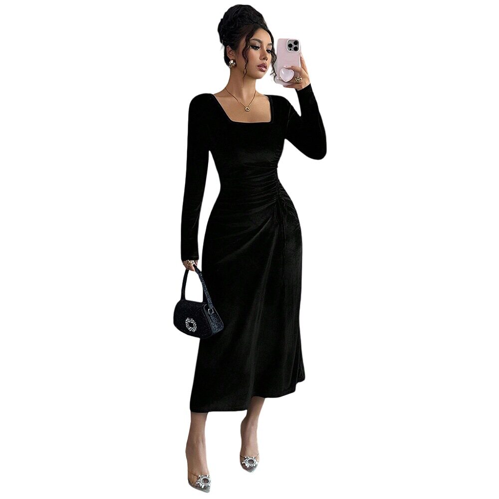 Black Velvet Long Dress Square Neck Side Waist Pleats Slim Fit Spring Summer Elegant for Dates and Vacations