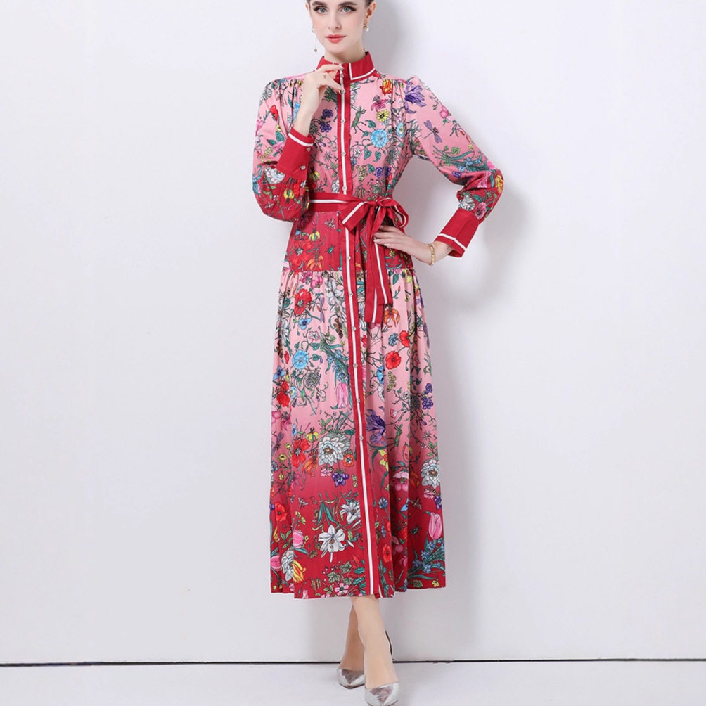 Vintage Elegant Printed Maxi Dress for Women Autumn Style Tie Waist Button Front Flared Skirt Wholesale Available