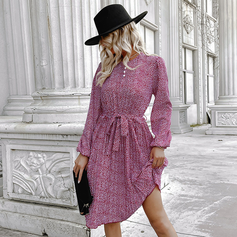 Floral Print Long Sleeve Dress Casual Sweet Elegant Round Neck Versatile Style Wholesale Available