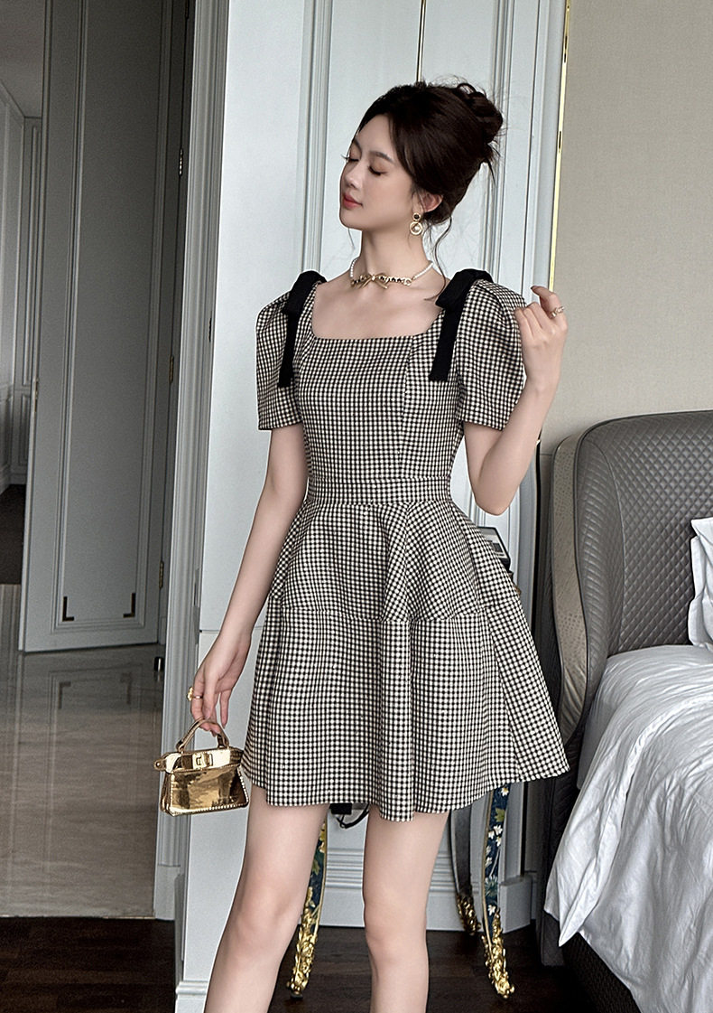 Đầm suông nữ ô vuông retro phong cách Hàn tay bồng — [Xám ô vuông] chi tiết 9