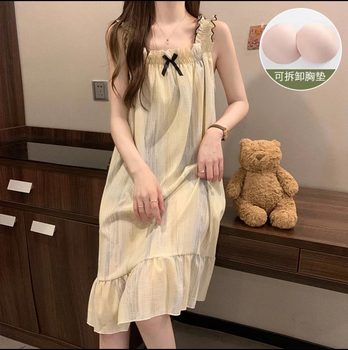 2025 New Style Nightgown Cotton Vertical Striped Sling Mother Pregnant Women Pure Desire Style Pajamas Women's Summer Skirt Simple