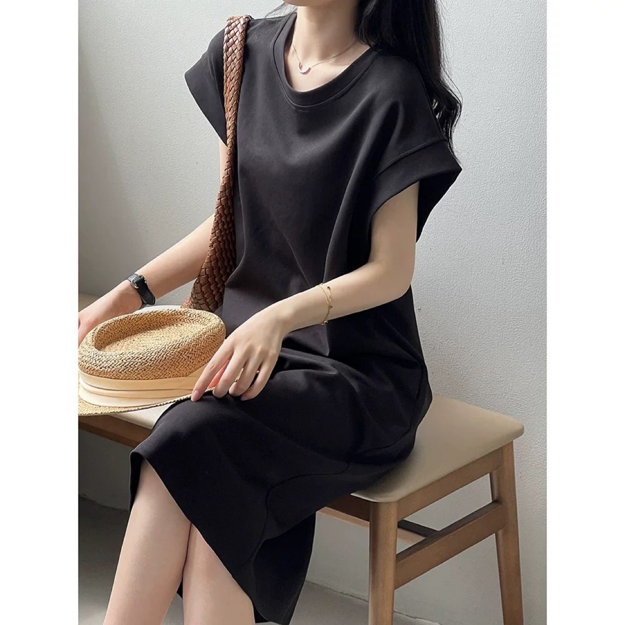 日韩休闲夏季大码飞飞袖连衣裙法式防走光宽松小众中长款T恤裙女