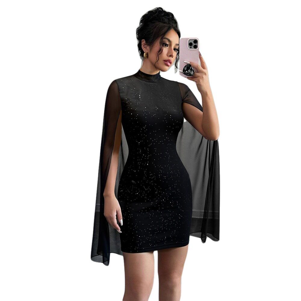 High Neck Bodycon Dress Black Short Sleeve Sequin and Mesh Paneling Evening Wear or Party Dress OEM Available