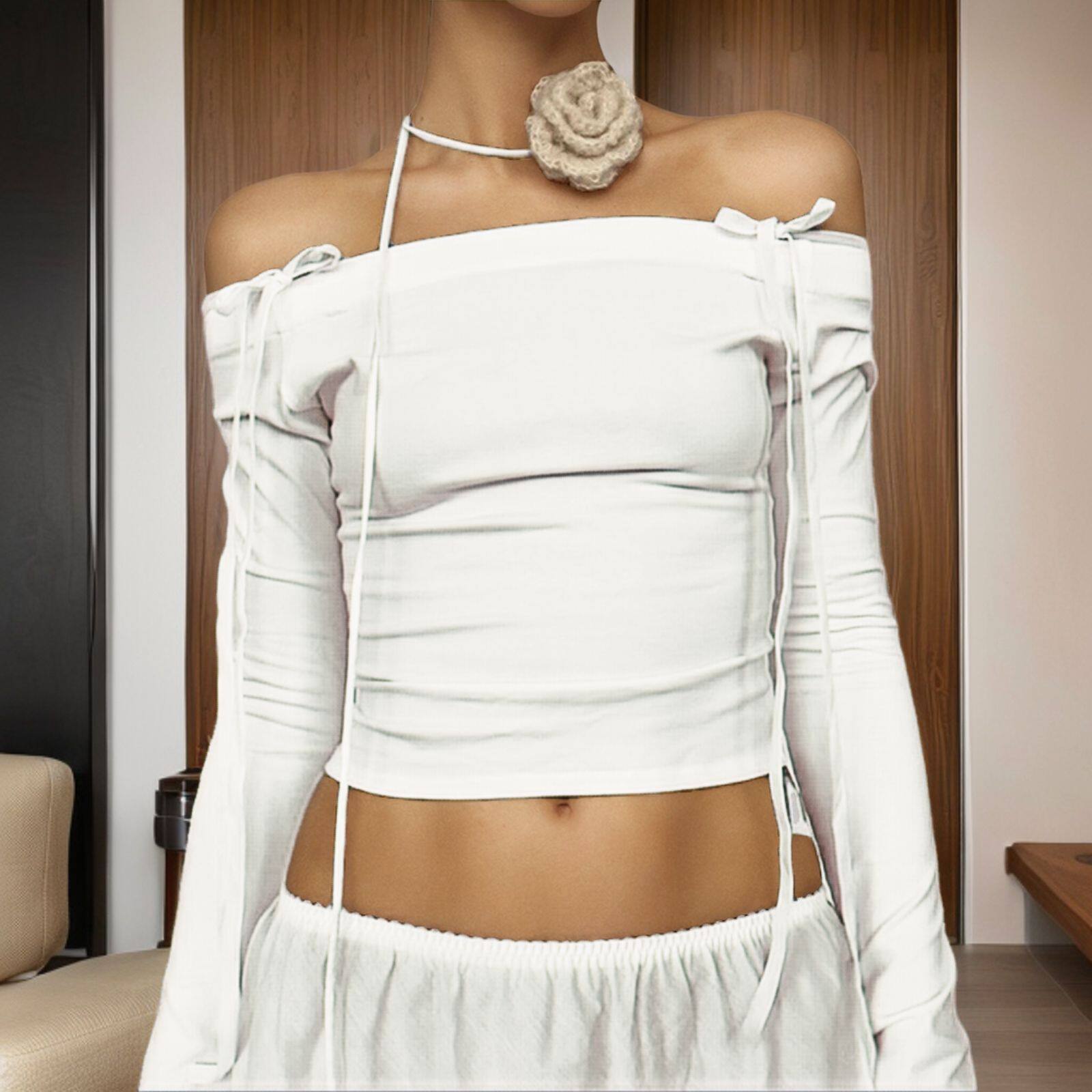 Off Shoulder Long Sleeve Top Sexy Cropped Adjustable Tie Versatile for Fall Fashion Wholesale Available