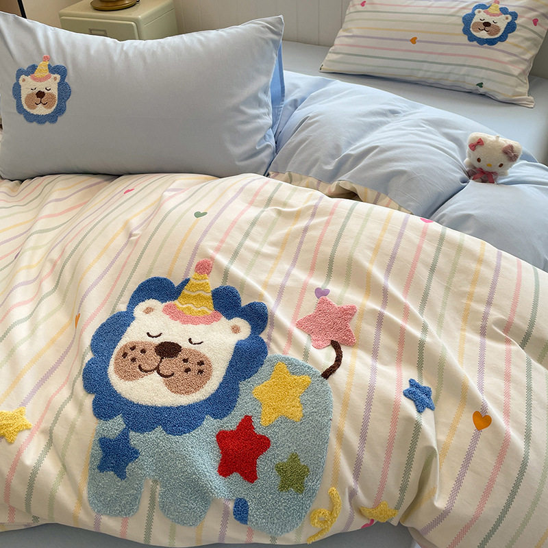 Autumn and Winter Pure Cotton Ins Thickeneded Pure Cotton Brushed Bed Four-Piece Set Cartoon Style Towel Embroidered Student Dormitory Three-Piece Set