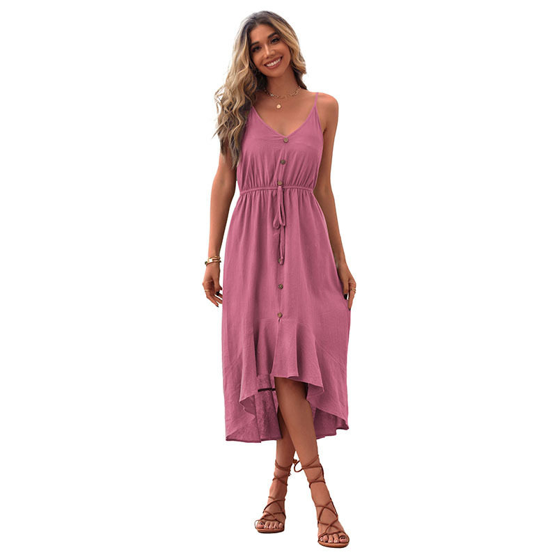 Cotton Linen Midi Dress Solid Color Romantic Sweet Summer Style Perfect for Casual Outings Wholesale Available
