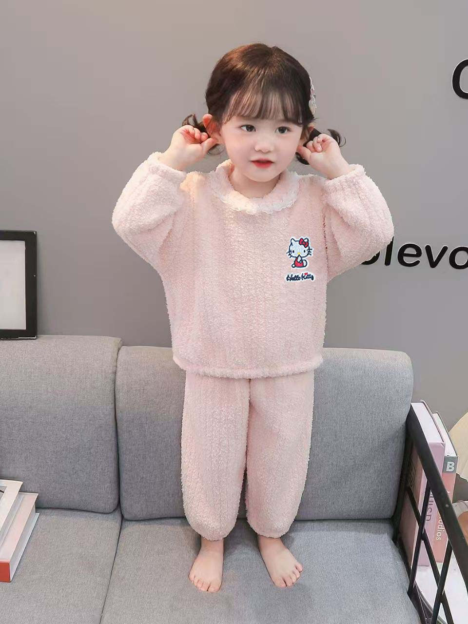 Set pigiama volant pizzo mezza pile bambine nuova inverno e autunno, pile corallo loungewear bambini