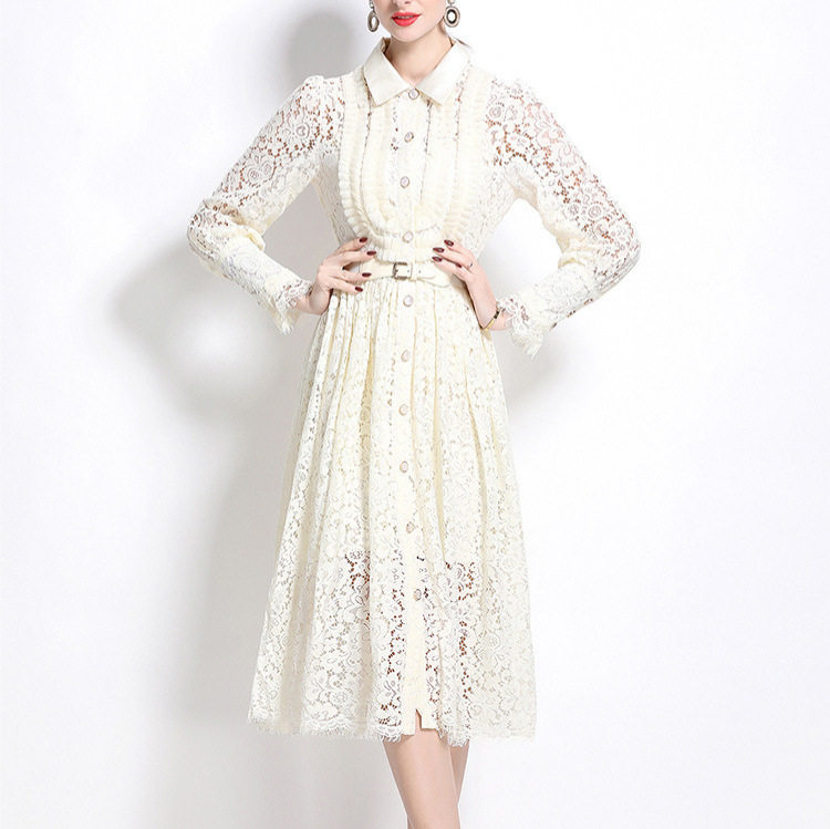 French Lace A Line Dress Embroidered Hollow Out Long Sleeve Knee Length Elegant Style Perfect for Spring and Autumn