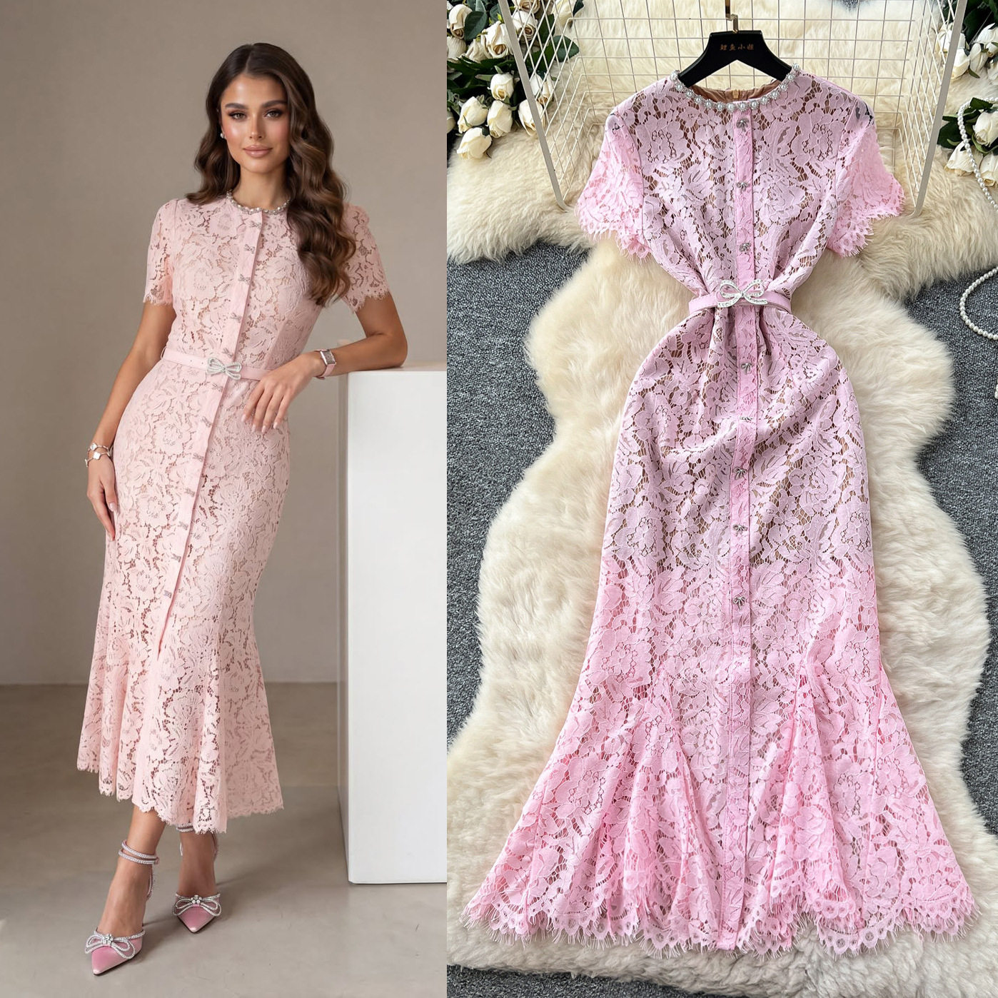 Luxury Lace Dress Rhinestone Embellished Short Sleeve Fishtail Design Elegant Evening Gown for Special Occasions
