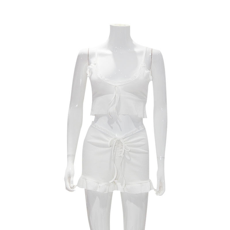 Lace Trim Cami and Ruffle Shorts Set Summer Casual Loungewear Sexy Home Outfit Wholesale Available