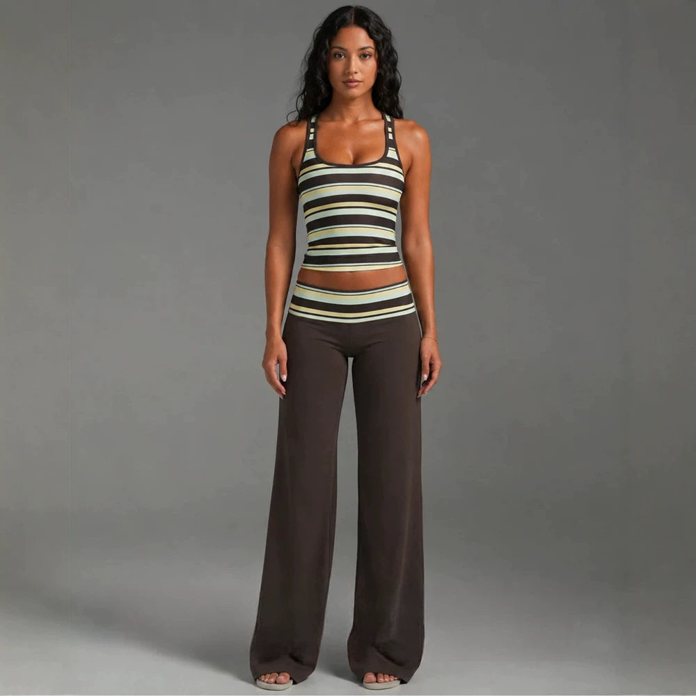 Sleeveless U Neck Striped Top and Long Pants Set Slim Fit Casual Style Summer Wear Wholesale Available