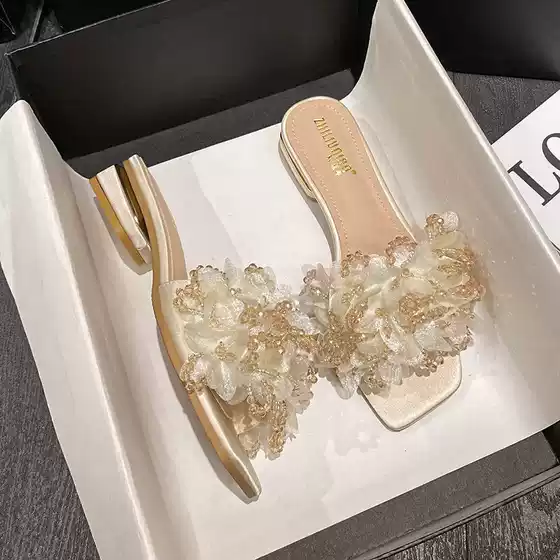 Summer Sandals for Women, Flower Outer Wear, Fairy Style 3cm Low-Heeled Slippers for Women to Go Out, Flat-Heeled Flip-Flops