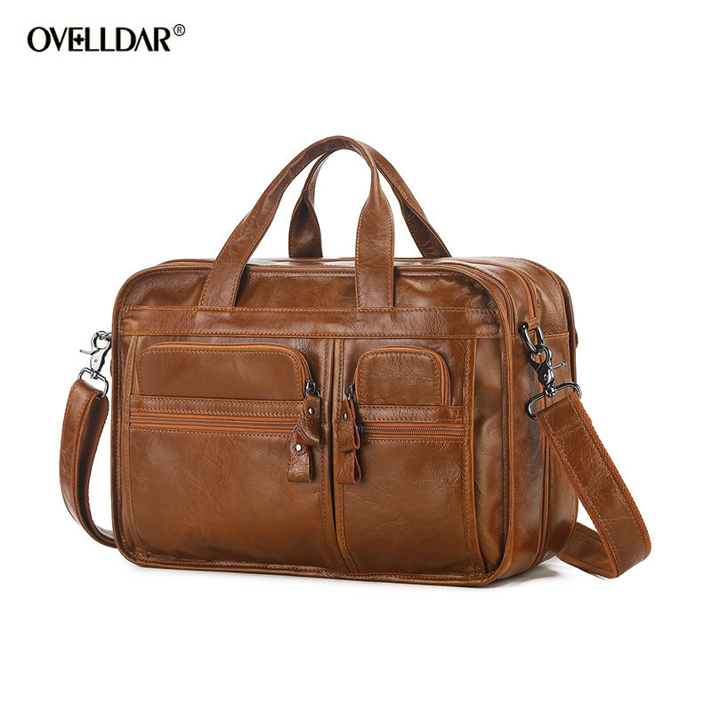 Trade leisure retro leather men's briefcase 15.6 inch business handbag shoulder messenger bag cowhide men's bag