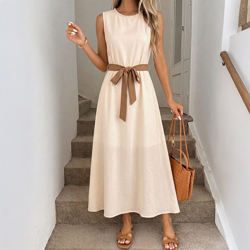 Elegant Sleeveless Dress Beaded Round Neck Waist Defined Minimalist Style Perfect for Summer Events Wholesale