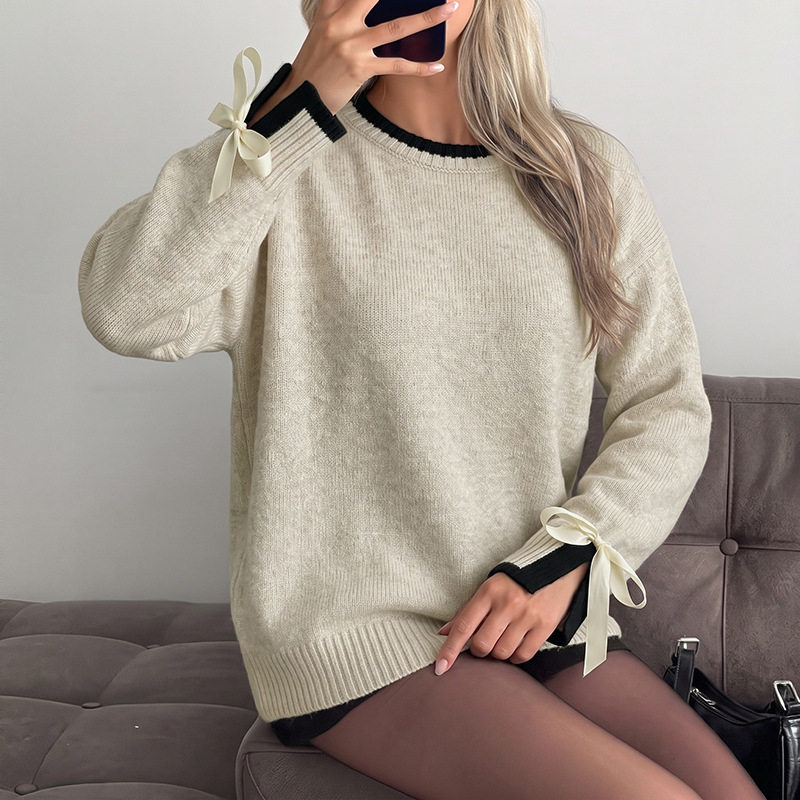 Color Block Bow Sleeve Sweater Cozy Trendy Soft Fabric Casual Wear Fall Winter Wholesale Available
