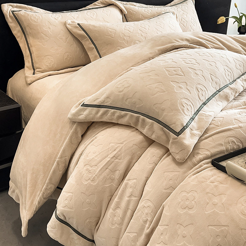 New William Series Engraving Engraved Milk Velvet Four-piece Set fleece-lined Thickened Bed Sheet Bed Cover Dormitory Three-piece Set