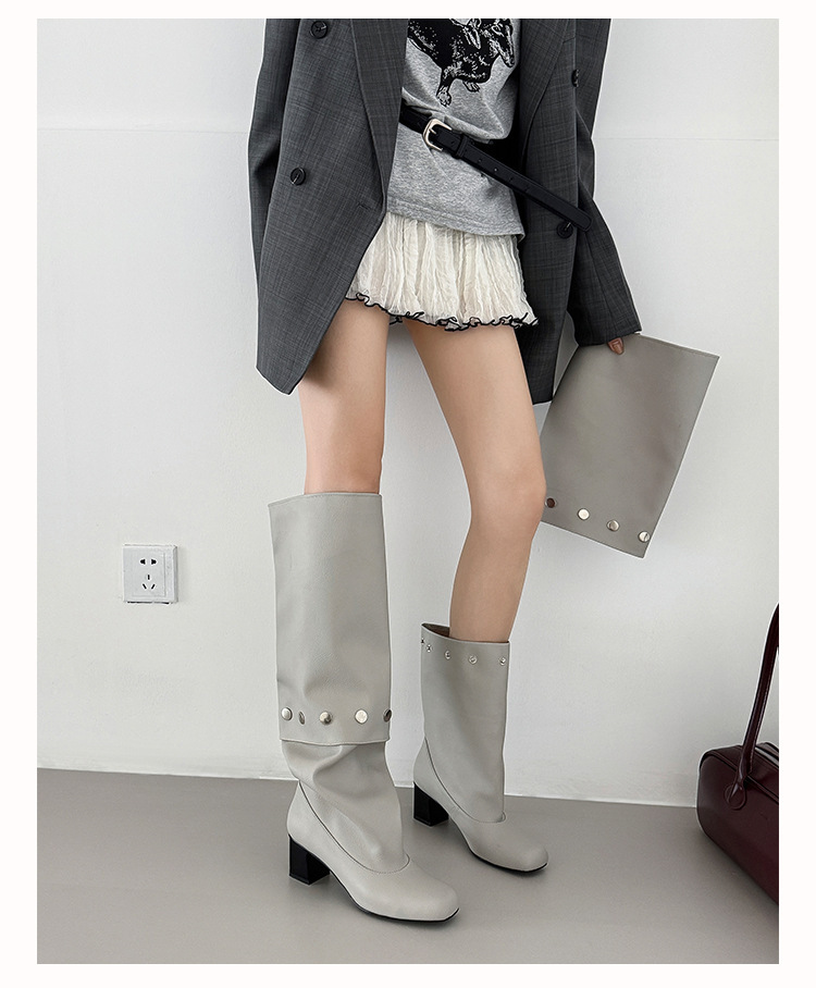 Boot nữ cổ cao gót vuông đính đinh tán, ống tháo rời hai kiểu mặc — Lớp lót đơn màu đen, Lớp lót đơn màu xám, Lớp lót nhung màu xám, nhung đen
