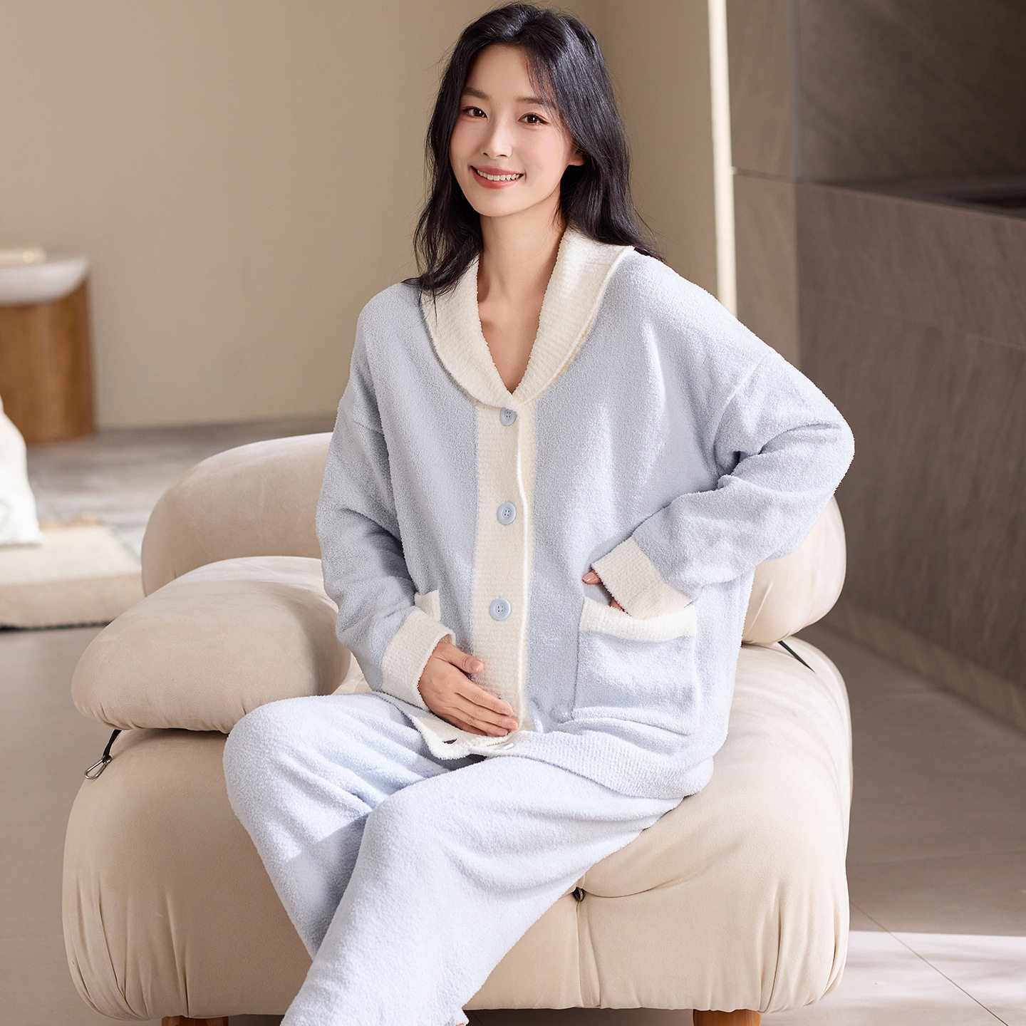 Autumn and Winter Postpartum Clothing Cardigan Flannel Pajamas for Women Pregnant Women Postpartum Home Clothes Set Thickeneded Half Velvet Women