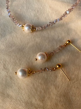 不规则灰紫水晶贝珠项链贝壳珍珠手链简约韩版复古耳环三件套首饰