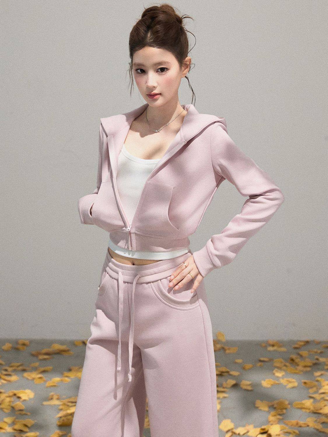 Korean Style Short Hooded Long-Sleeved Sweatshirt Jacket High-Waisted Lace-Up Pants Women's Spring & Fall New Slim Casual Two-Piece Set