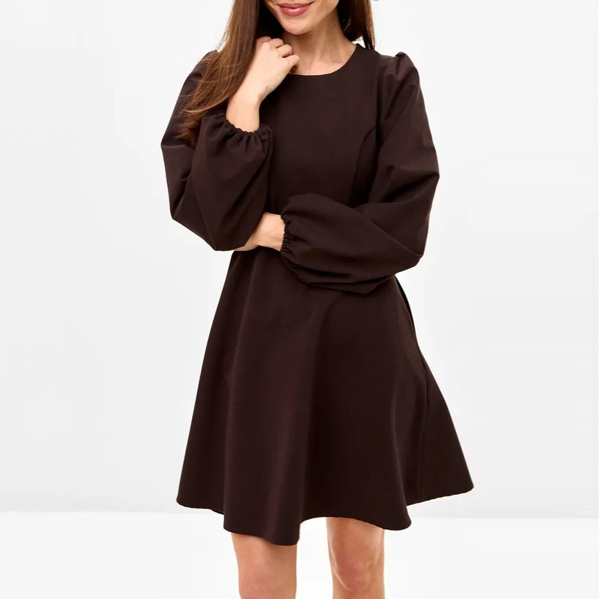 Womens A Line Dress Waist Defined Round Neck Pocketed Puff Long Sleeves Autumn Fashion Wholesale Available