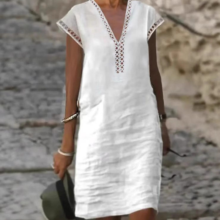 Casual Short Sleeve V Neck Dress Solid Color Hollow Out Design Summer Style Perfect for Everyday Wear Wholesale