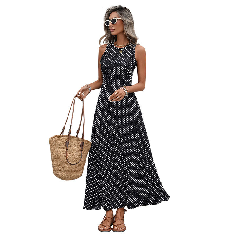French Vintage Sleeveless Backless Dress Polka Dot Design Waist Defining Fit Ideal for Summer Vacations Wholesale