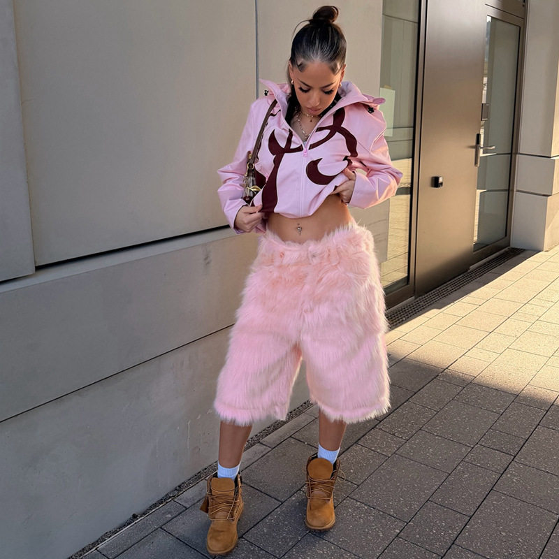 Womens Hip Hop Style Plush Loose Fit Low Waist Shorts Unique Design Versatile Comfortable Autumn Collection