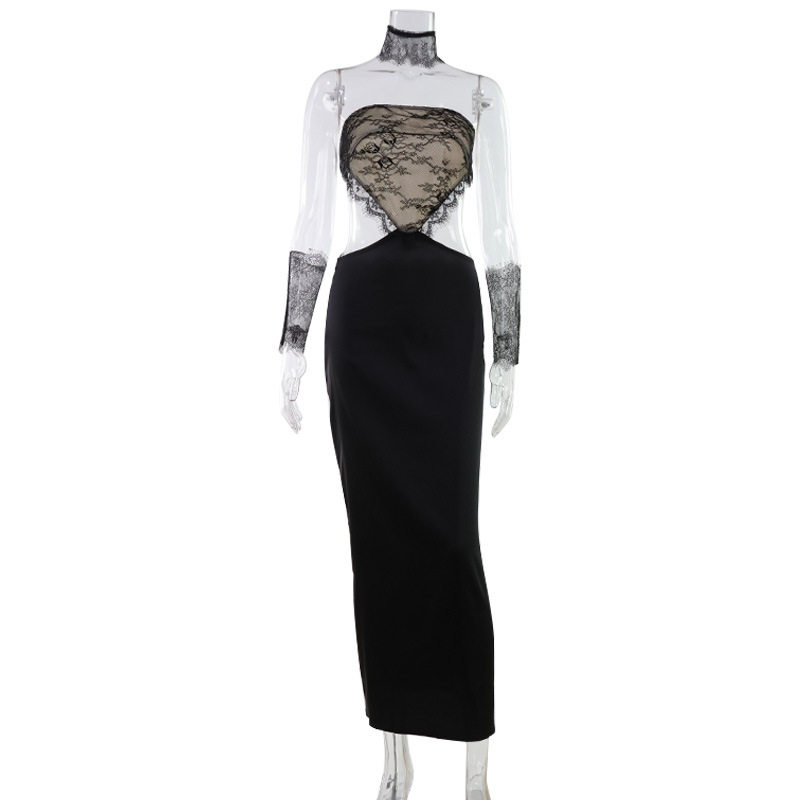 Elegant Backless Lace Trimmed Strapless Evening Dress Slim Fit Triangle Design Fashionable Style Perfect for Parties