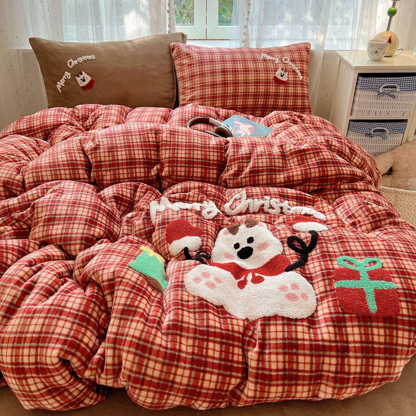 Cartoon Childlike Towel Embroidered Milk Velvet Four-Piece Set Winter Thickeneded Baby Velvet Flannel Fleece-Lined Bedding Three-Piece Set